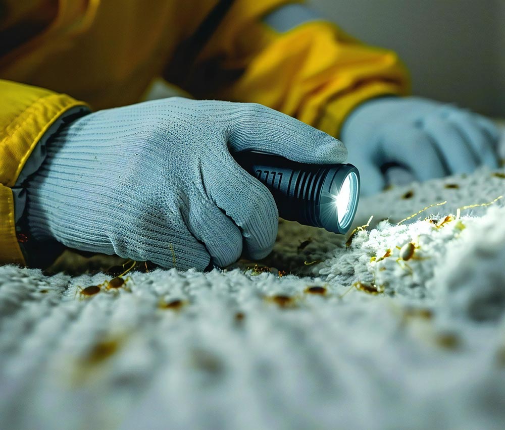 A pest control technician inspects for bed bugs
