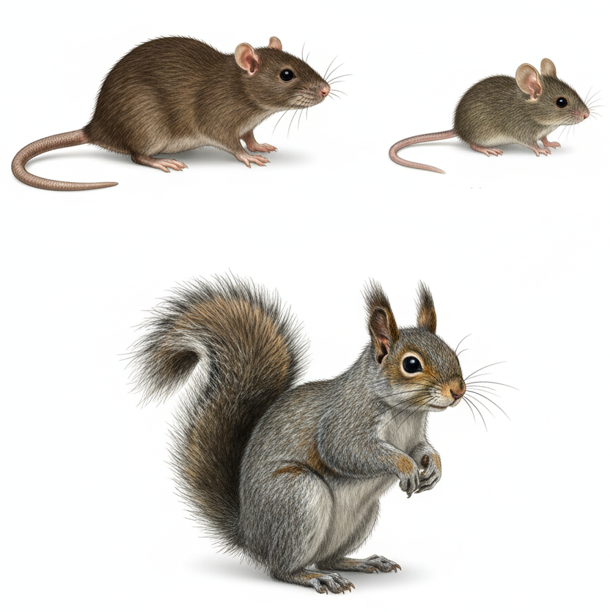 Illustration of a small rat, a mouse and a squirrel, which are rodents controlled by Monterey Pest Management